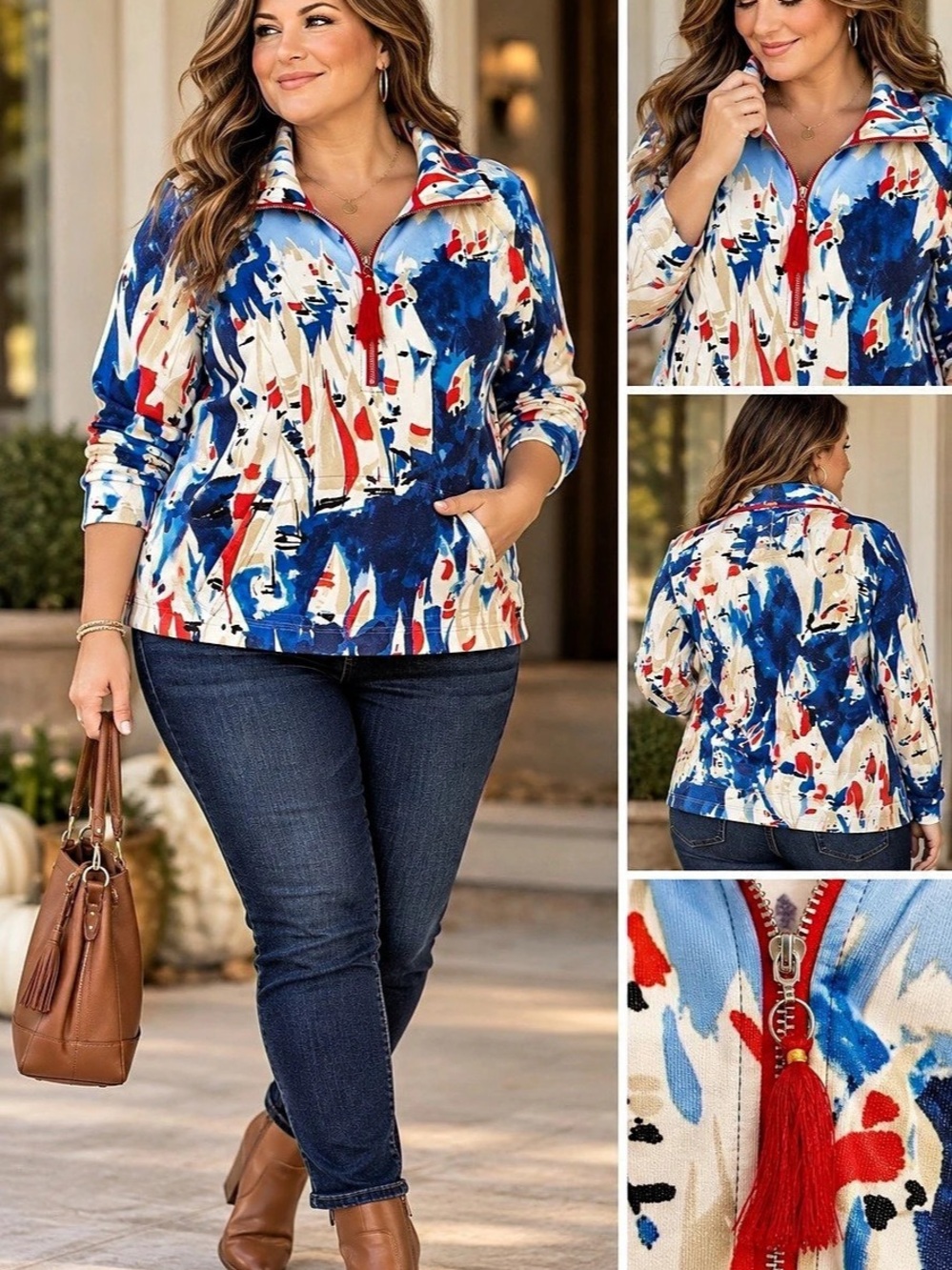 Rafaella Weekend XL Abstract Artsy Watercolor Quarter Zip Pullover